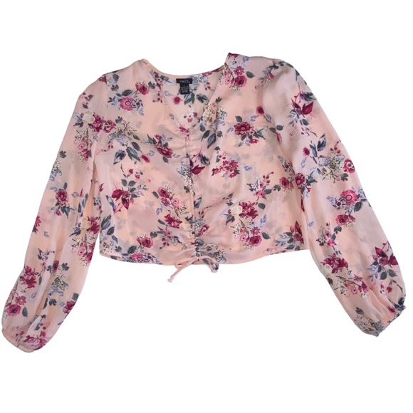 Rue21 Pink Floral Front Tie Ruched Crop Cropped Top - Women’s Large - Picture 9 of 10